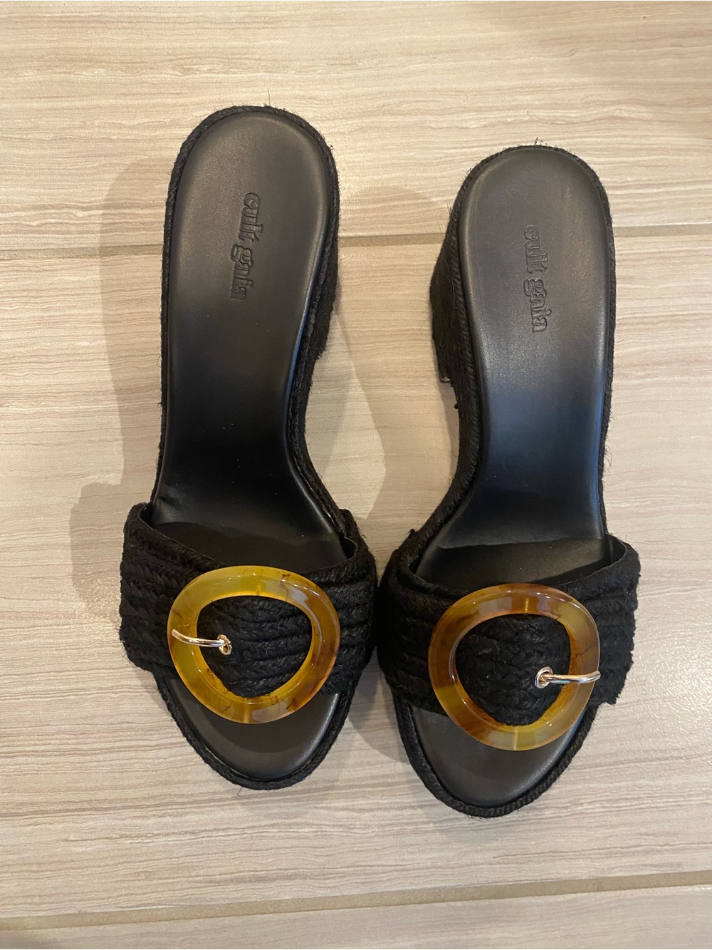 Cult Gaia Cleia, blackRaffia, Slide Mules with Amber-Tone Buckle NEW w/box sz 41